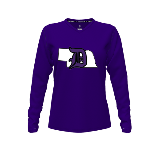 [CUS-DFW-TEES-CMF-VNK-LSL-PUR-FYXS-LOGO1] Decker Comfort T-Shirt (Female Youth XS, Purple, V Neck, Logo 1, Long Sleeve)