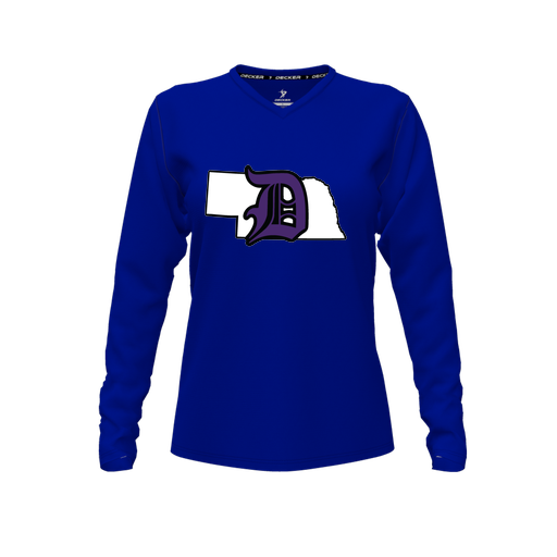 [FTLVCFRY-FYXS-LOGO1] Decker Comfort T-Shirt (Female Youth XS, Royal, V Neck, Logo 1, Long Sleeve)
