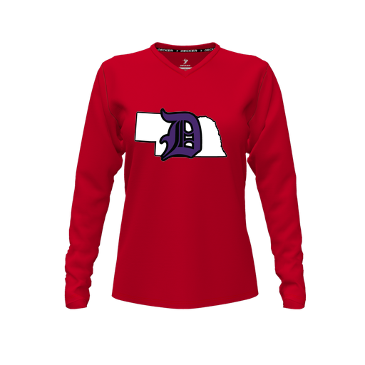[CUS-DFW-TEES-CMF-VNK-LSL-RED-FYXS-LOGO1] Decker Comfort T-Shirt (Female Youth XS, Red, V Neck, Logo 1, Long Sleeve)