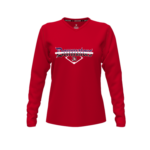 [CUS-DFW-TEES-CMF-VNK-LSL-RED-FYXS-LOGO3] Comfort T-Shirt (Female Youth XS, Red, V Neck, Logo 3, Long Sleeve)