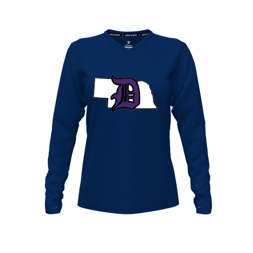 [FTLVPTNV-FYXS-LOGO1] Decker Performance T-Shirt (Female Youth XS, Navy, V Neck, Logo 1, Long Sleeve)