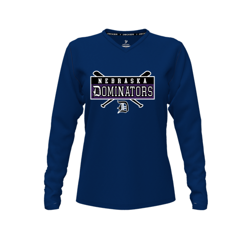 [CUS-DFW-TEES-PER-VNK-LSL-NVY-FYXS-LOGO2] Decker Performance T-Shirt (Female Youth XS, Navy, V Neck, Logo 2, Long Sleeve)