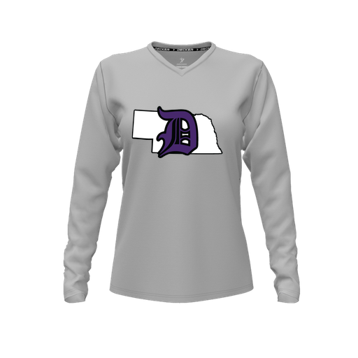 [CUS-DFW-TEES-PER-VNK-LSL-GRY-FYXS-LOGO1] Decker Performance T-Shirt (Female Youth XS, Gray, V Neck, Logo 1, Long Sleeve)